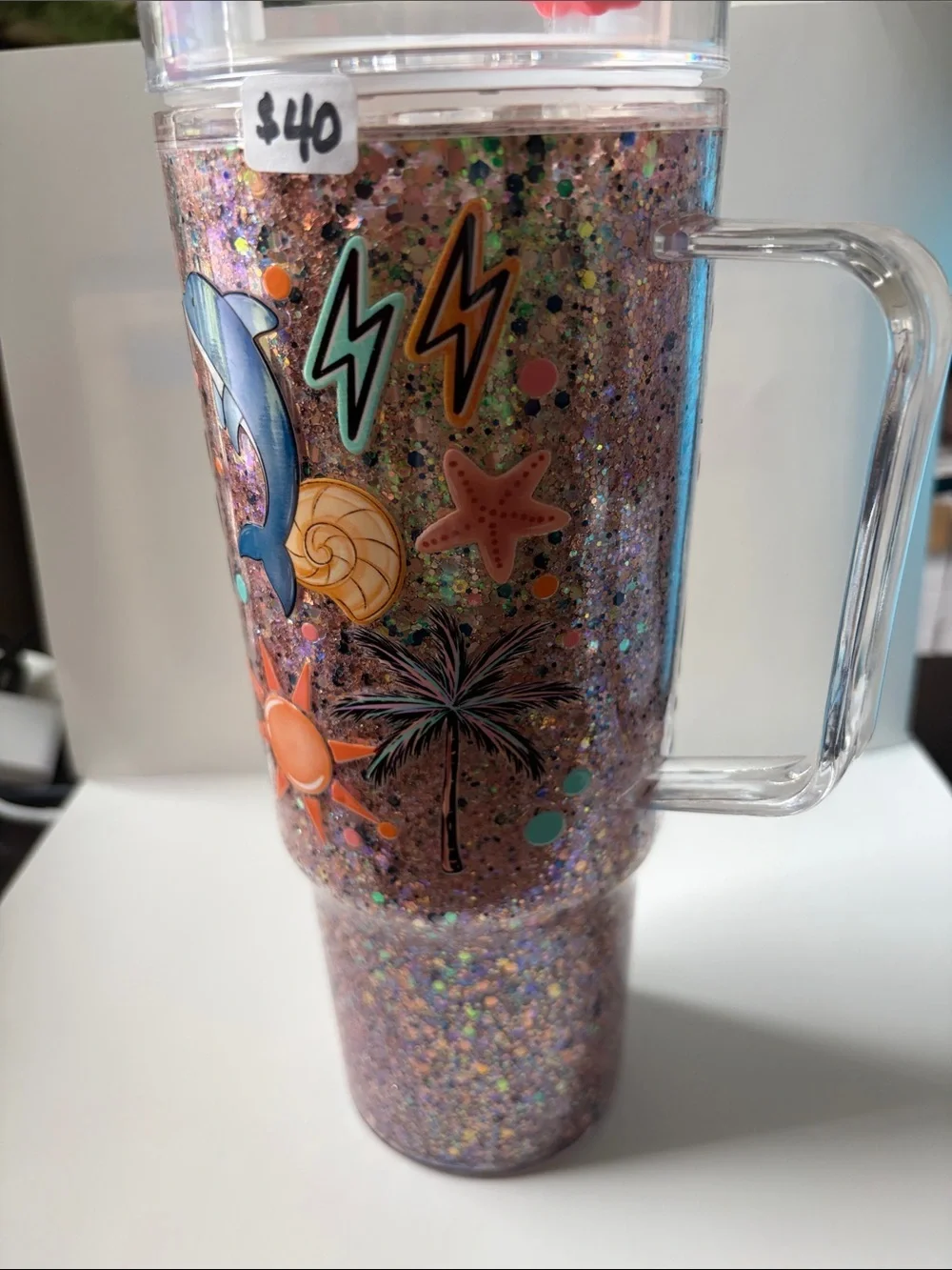 Beach Vibes 40 oz Dry Glitter Tumbler w/ Seashell Topper